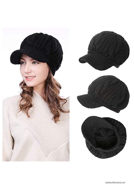 Jeff & Aimy Women's 100% Wool Knit Visor Beanie Newsboy Cap Cold Weather Warm Winter Hat