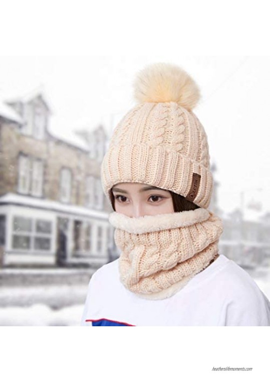 LCZTN Womens Pom Beanie Hat Scarf Set Girls Cute Winter Ski Hat Slouchy Knit Skull Cap with Fleece Lined