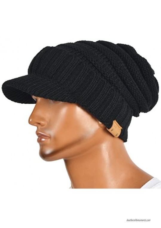 Mens Womens Thick Fleece Lined Knit Newsboy Cap Slouch Beanie Hat with Visor