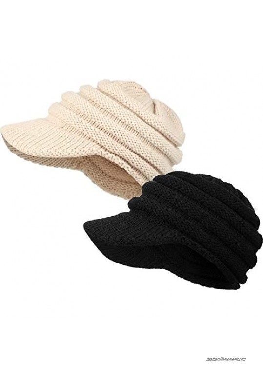 SATINIOR 2 Pieces Warm Cable Knit Cap with Brim Unisex Ribbed Knit Hat with Visor Beige and Black  Large