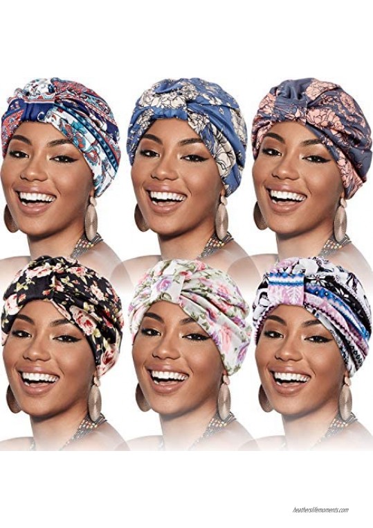 SATINIOR 6 Pieces Women Turban Elastic Turban Hat Satin Liner Headwrap Double-Layered Beanie Knotted Pre-Tied Cap
