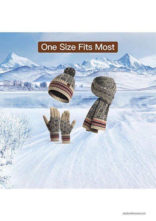 Women Winter Beanie Hat Neck Warm Scarf and Touchscreen Gloves Set 3PCS Thickened Lining Cap for Men and Women