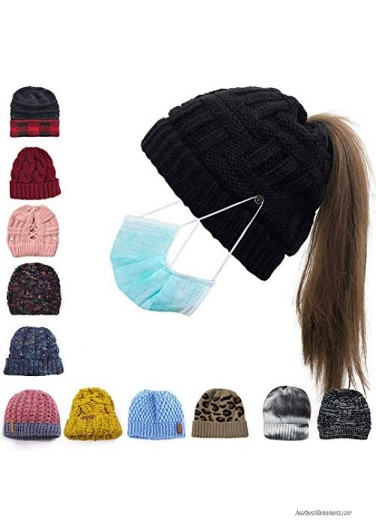 Womens Ponytail Beanie Hat with Button for Mask Criss Cross Winter High Messy Bun Beanie Hat with Ponytail Hole