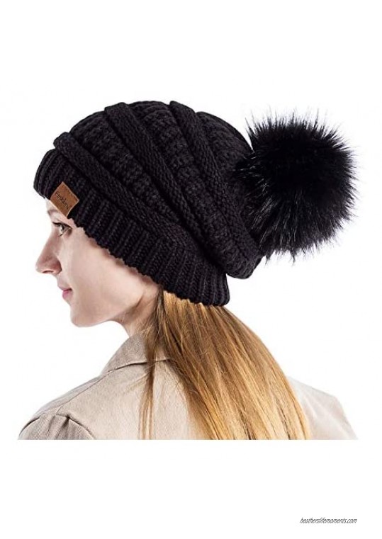Womens Winter Slouchy Beanie Hat Knit Warm Fleece Lined Thick Thermal Soft Ski Cap with Pom Pom