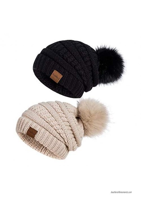 Womens Winter Slouchy Beanie Hat  Knit Warm Fleece Lined Thick Thermal Soft Ski Cap with Pom Pom
