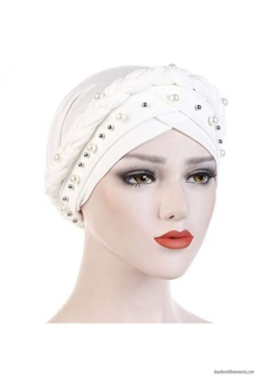 YiYi Operation Women Pearl Beaded Braid Hijab Turban Hat Twisted Cancer Headscarf Chemo Beanies Bandana Headwrap Cap