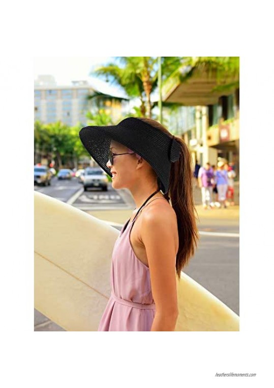 2 Pieces Sun Visor Hats Wide Brim Roll-up Straw Hats Summer Protection Beach Hat