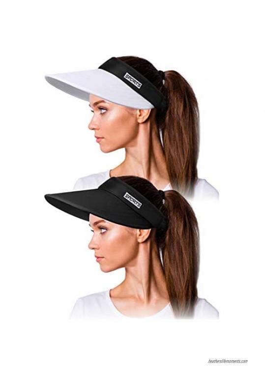 2 Pieces Sun Visor Hats Wide Brim Sun Hats Adjustable Large Brim UV Protection Summer Beach Cap Foldable Packable Summer Hat for Women Black  White
