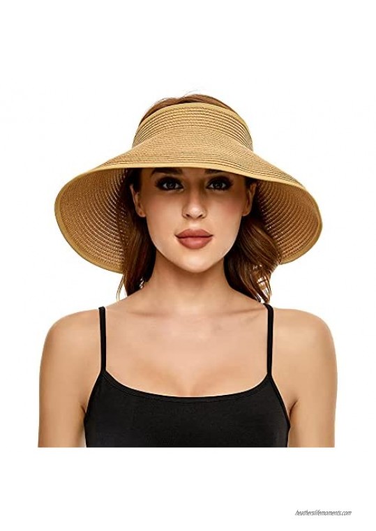 Asitp Women Wide Brim Sun Visor Hat Foldable Roll Up Bowknot Beach Straw Hat Summer