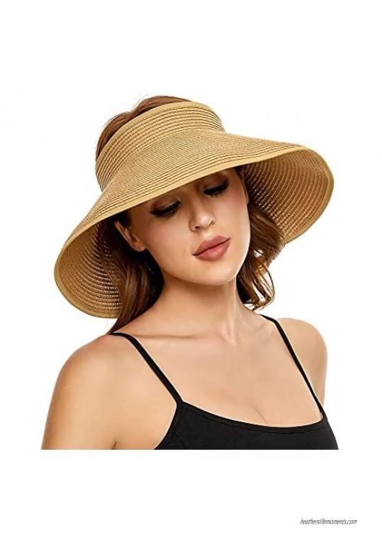 Asitp Women Wide Brim Sun Visor Hat Foldable Roll Up Bowknot Beach Straw Hat Summer