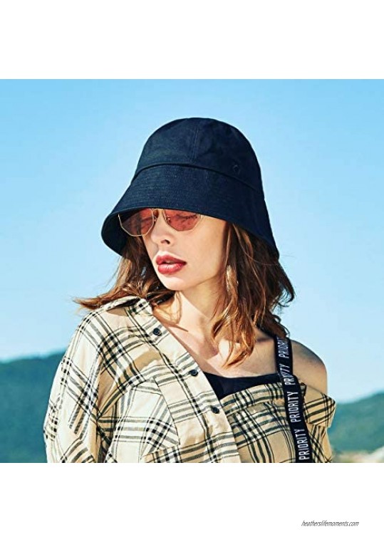 CACUSS Women's UPF 50+ Foldable Solid Color Bucket Hat 100% Cotton Sun Cap Summer Beach Sun Hat