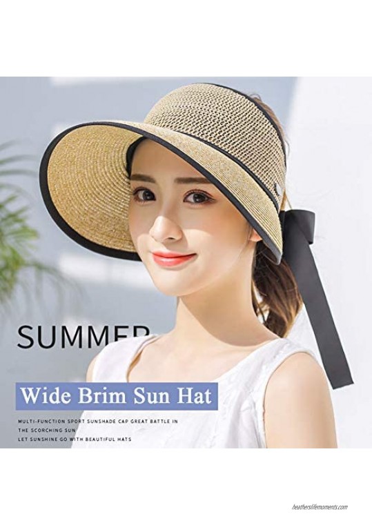 CAPMESSO Sun Visor Hats for Women Straw Roll up Beach Hats with Wide Brim Chin Strap