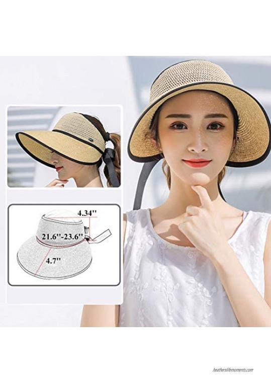 CAPMESSO Sun Visor Hats for Women Straw Roll up Beach Hats with Wide Brim Chin Strap