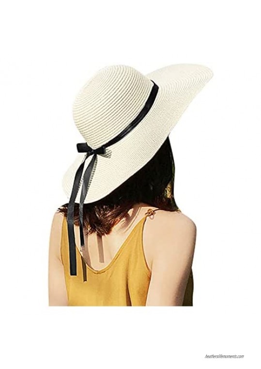 FARVALUE Womens Straw Hat Wide Brim Floppy Beach Cap Adjustable Sun Hat for Women UPF 50+ White