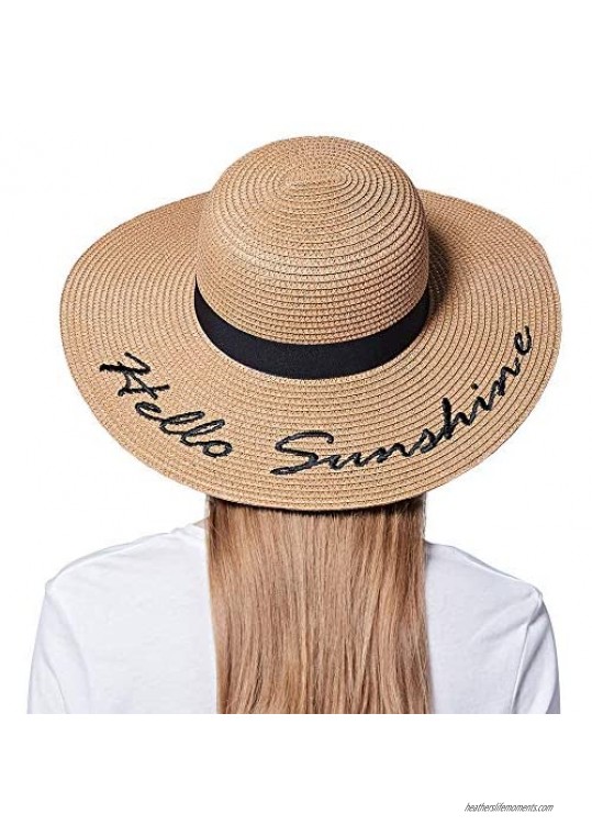 Floppy Beach Hats for Women Straw Sun Hat Embroidered Wide Brim Summer UPF50+ UV Protection Foldable