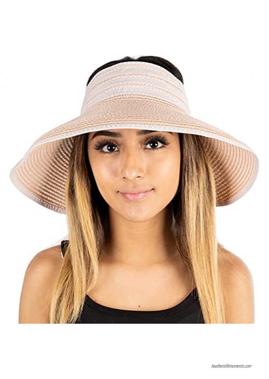 Funky Junque Women’s Sun Visor Wide Brim Straw Roll up Ponytail Hat