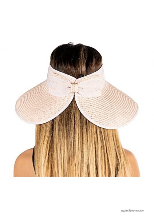Funky Junque Women’s Sun Visor Wide Brim Straw Roll up Ponytail Hat