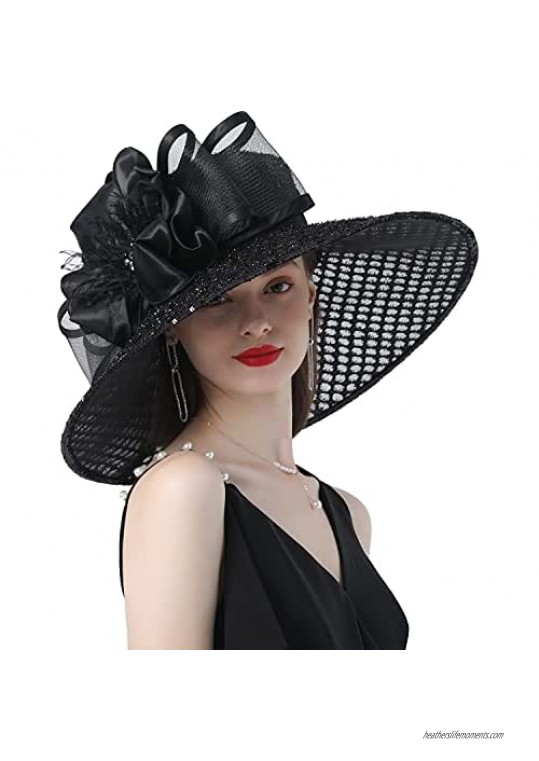 Go Mai Ladies Hat with Mesh Flowers Wide Brim Occasion Event Kentucky Derby Church Dress Sun Hat