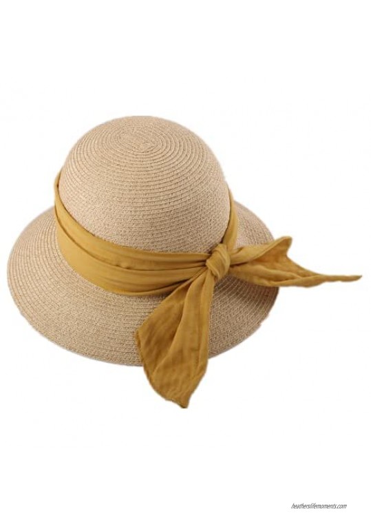 JENDI Womens Cloche Bucket Sun Straw Hat for Summer Beach Travel Foldable Wide Brim UV Protection UPF50+ Adjustable