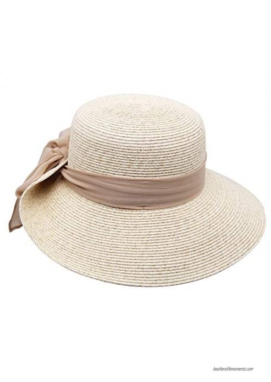 JENDI Womens Wide Brim Straw Floppy Sun Hat Packable Summer Beach Hat UV Protection UPF 50+ Adjustable (Ivory Heather-Cream)