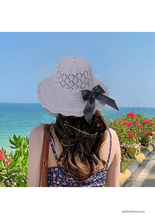 Summer Sun Hats for Women Wide Brim UV Protection Straw Sun Hat Foldable Mesh Beach Hats with Windproof Rope UPF50+(Grey)
