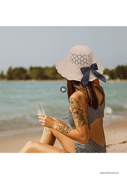 Summer Sun Hats for Women Wide Brim UV Protection Straw Sun Hat Foldable Mesh Beach Hats with Windproof Rope UPF50+(Grey)