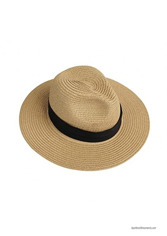 Sun-Straw-Hats Fedora-Beach-Hat for Womens - Panama Hat Summer Wide-Brim Floppy Cap(Hat Circumference 22.5-22.8)