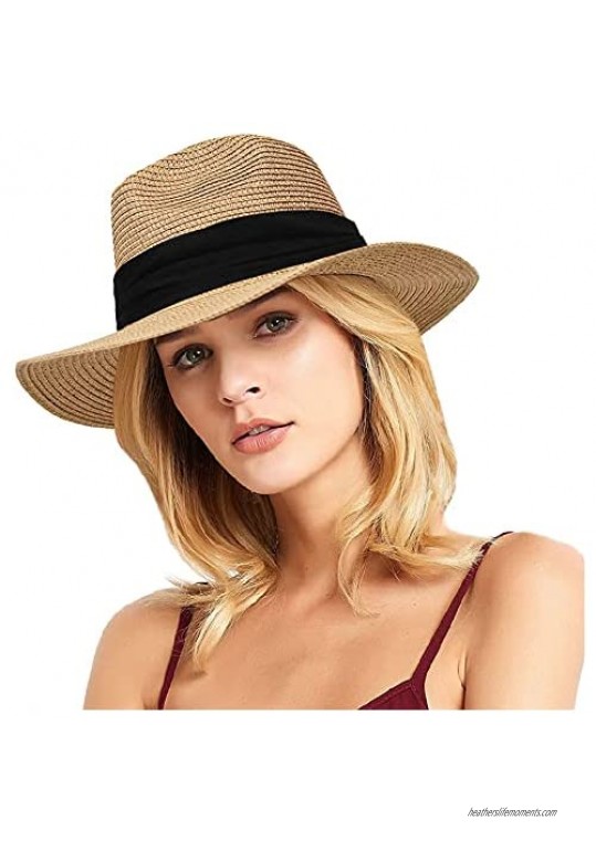 Sun-Straw-Hats Fedora-Beach-Hat for Womens - Panama Hat Summer Wide-Brim Floppy Cap(Hat Circumference 22.5"-22.8")