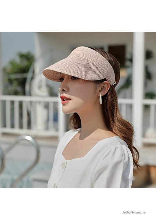 Sun Visors for Women Summer Beach Hats UPF 50+Wide Brim Roll-up Foldable Straw hat Visors for Outdoor Camping Hiking