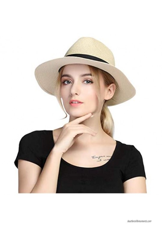 Taylormia Womens UPF 50+ Wide Brim Panama Straw Hat Foldable Fedora Beach Sun Hat