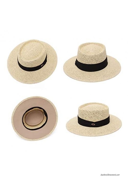 Women Men Straw Sun Hats Wide Brim UPF Sun Protection Pork Pie Fedora Summer Beach Hat for Holiday Outdoor Travel