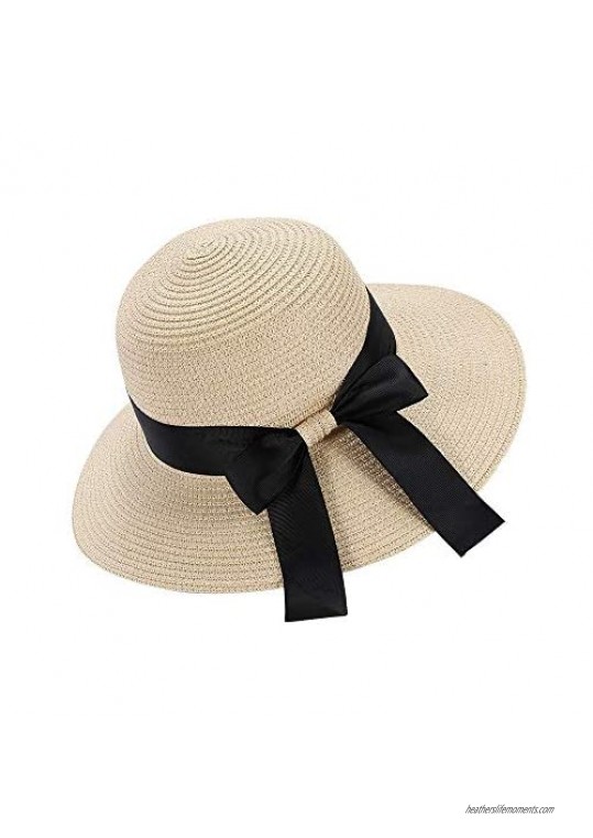 Women Summer Straw Sun Hat UV Protection Beach Cap Foldable Visor Floppy Hats Wide Brim with Strap wiht Bow