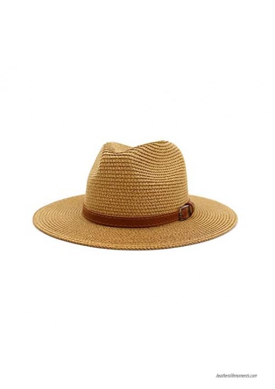Women Wide Brim Straw Panama Belt Buckle Hat Fedora Beach Sun Hat Fine Braid UPF50+ for Both Women Men