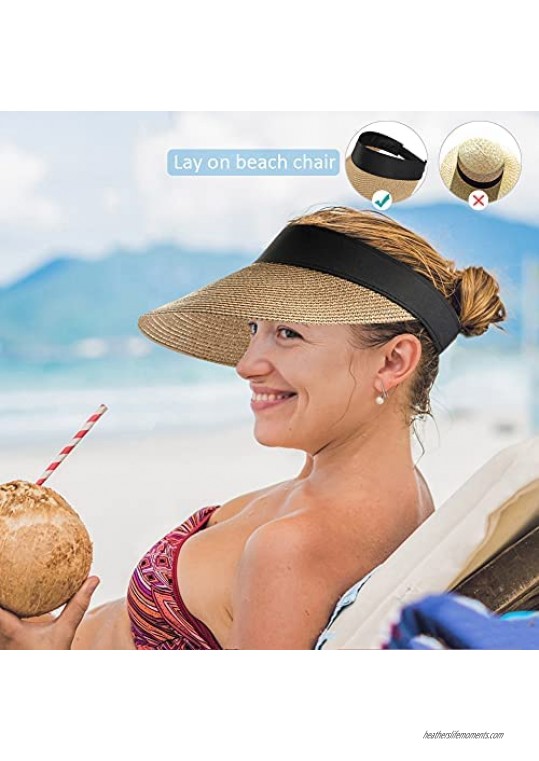 Women Wide Brim Straw Sun Visor Beach Hat Summer UV Protection Sun Hat with Ponytail Hole Roll-up Open Top Cap Foldable