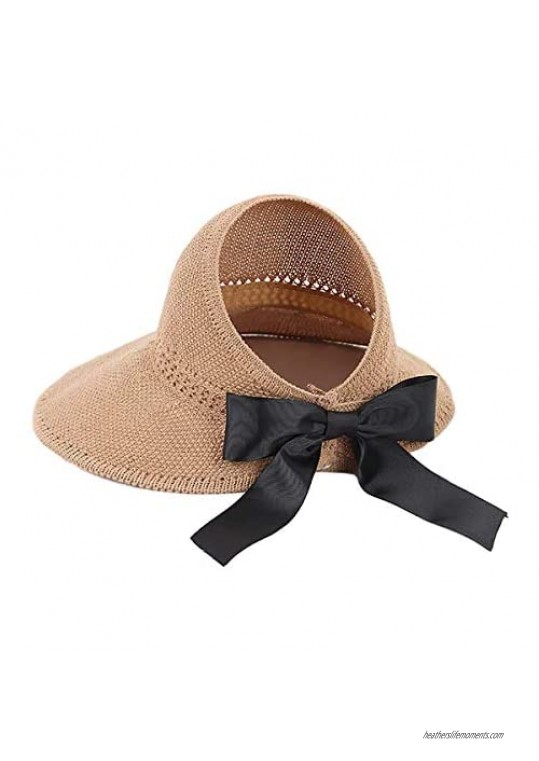 Womens Beach Sun Hats Ponytail Hat Wide Brim Straw Summer Sun Visor Hats UV UPF 50 Packable Foldable Travel