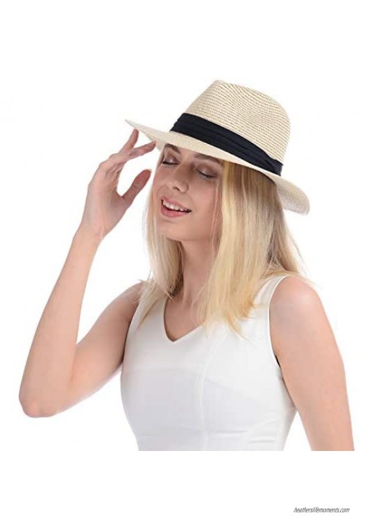 Womens Straw Panama Hat Wide Brim Sun Beach Hats with UV UPF 50+ Protection for Both Women Men