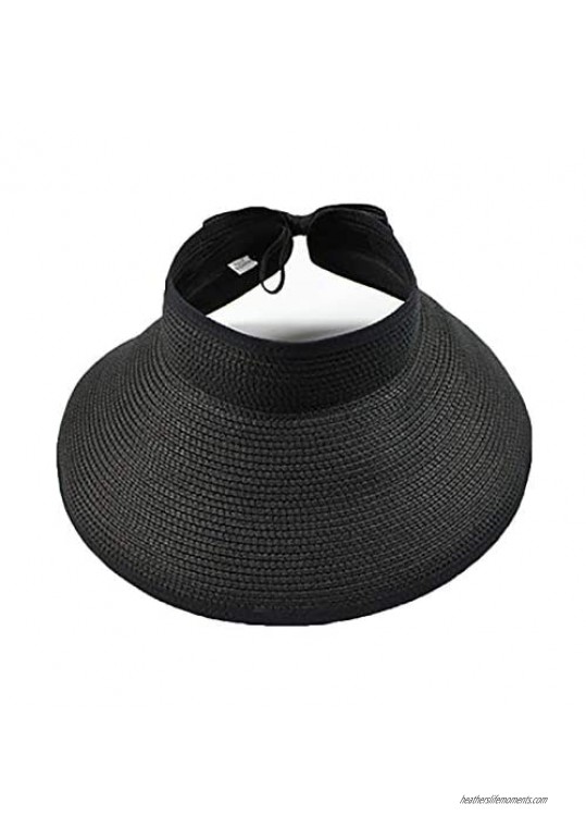 Women’s Summer Foldable Straw Sun Visor w/Cute Bowtie UPF 50+ Packable Wide Brim Roll-Up Visor Beach Hat
