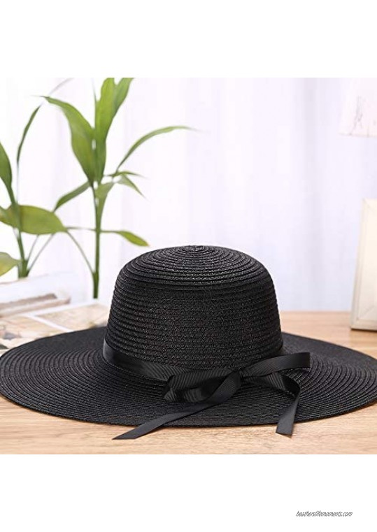 Women's Sun Hat Floppy Foldable Bowknot Straw Hat Summer Beach Cap