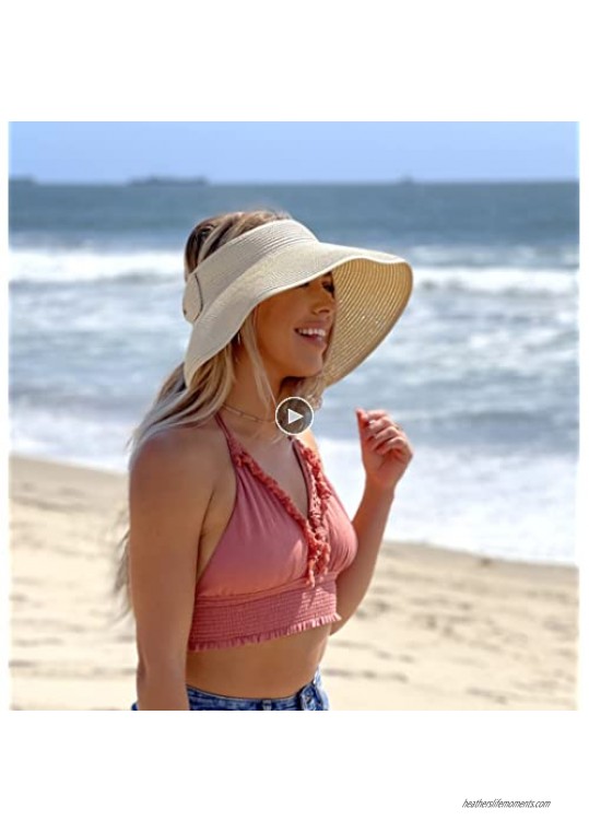 Womens Sun Visor Hat Straw Visors for Women Foldable UPF50 UV Protection Wide Brim Beach Hats Adjustable Size