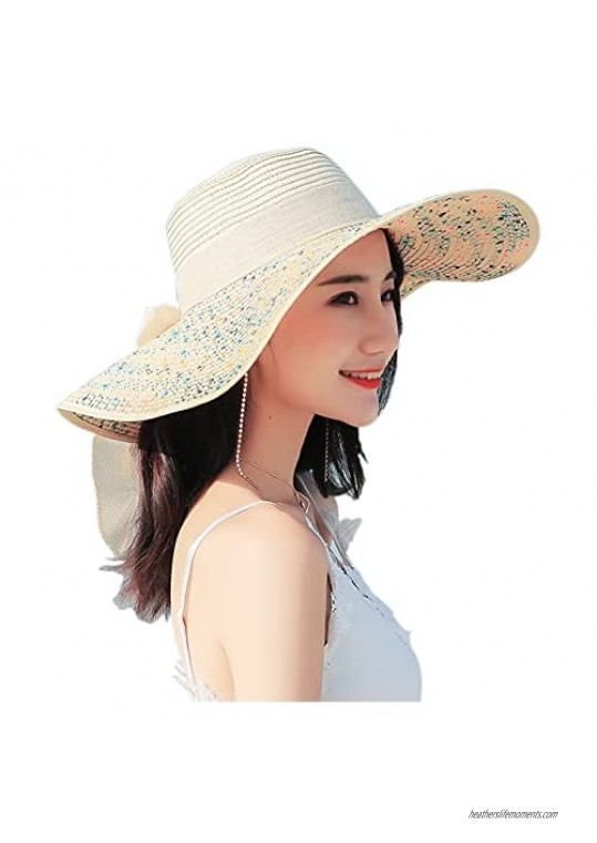 Women's Wide Brim Sun ProtectionBig Bowknot Straw Hat Folable Floppy Hat Summer UV Protection UPF50+ Beach Cap