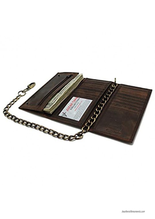 Bikers RFID safe Cow Leather Crazy Horse Brown Long Checkbook Trifold Chain Wallet for Men Vintage Texture style (Rustic Brown J212B with Chain)