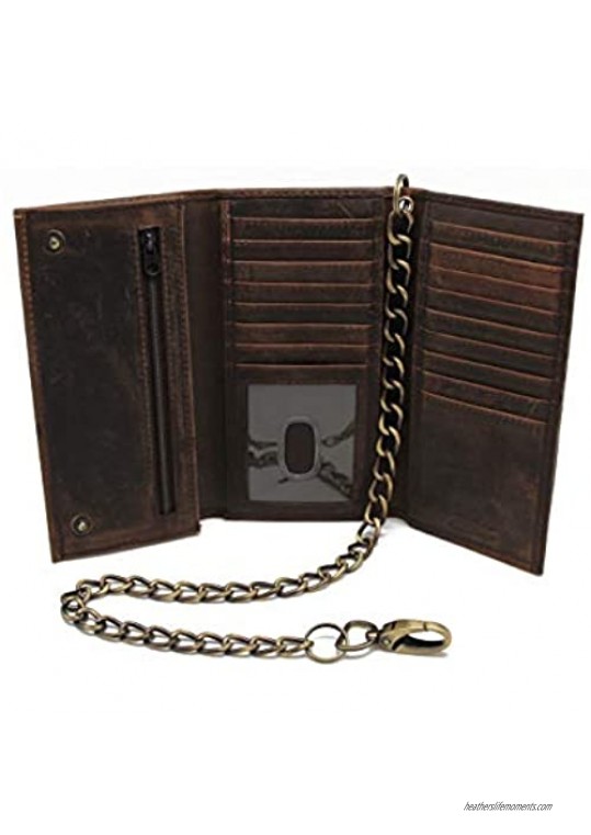 Bikers RFID safe Cow Leather Crazy Horse Brown Long Checkbook Trifold Chain Wallet for Men Vintage Texture style (Rustic Brown J212B with Chain)