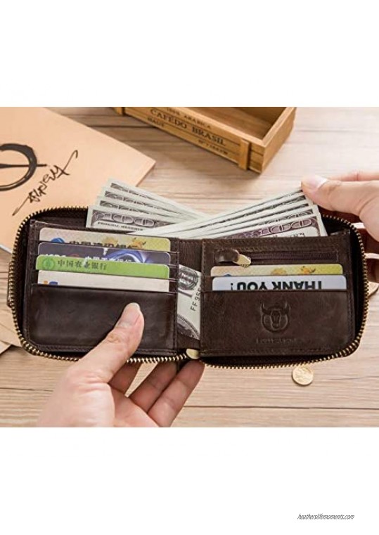 BULLCAPTAIN Leather Mens RFID Blocking Wallet Zipper Bifold Wallets for Men