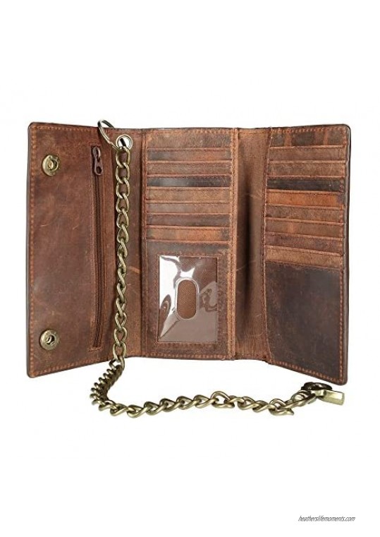 CTM Men's Crazy Horse Leather RFID Long Trifold Chain Wallet