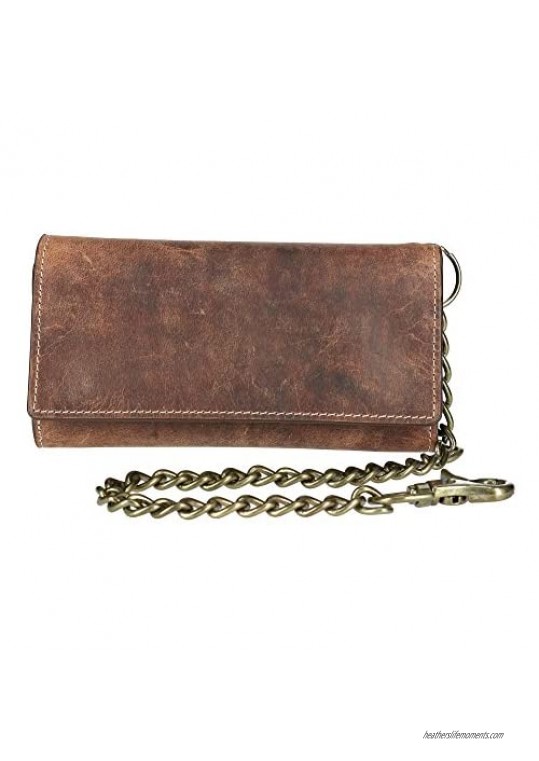 CTM Men's Crazy Horse Leather RFID Long Trifold Chain Wallet
