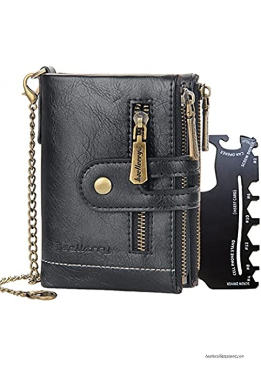 Ecosusta Anti-theft Leather Men Wallet Credit Card Wallet Zip Coin Pocket Zipper Short Pursefor Man Copper Chain Snap Closure RFID Blocking (Black)