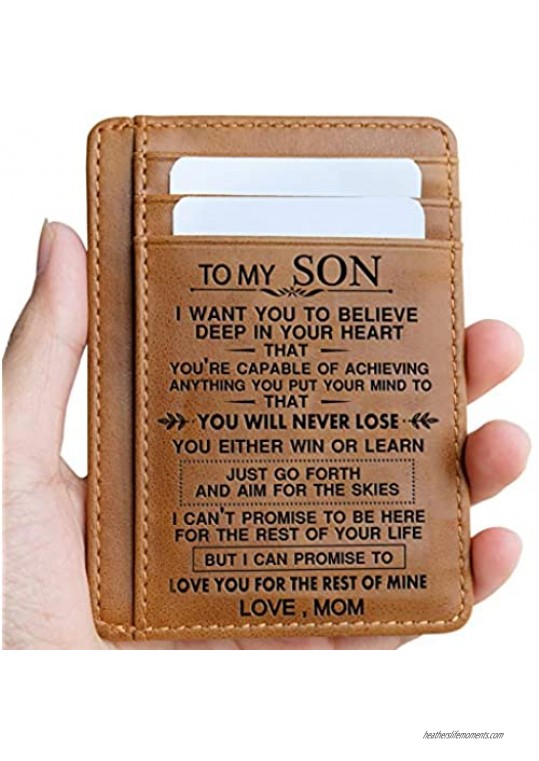 Engraved Leather Front Pocket Wallet Gift for Son Husband Grandson Minimalist Slim Wallet (To My Son - Love Mom)