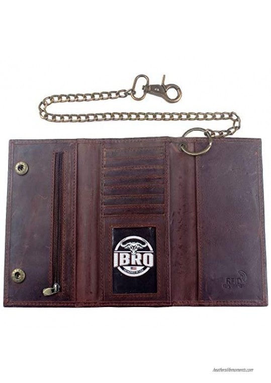 IBRO Crazy Horse Vintage Leather Motorcycle Wallet | RFID High Security Technology | Trifold Long Metal Chain | Trucker Biker Motor Cycle Rider's Best Choice