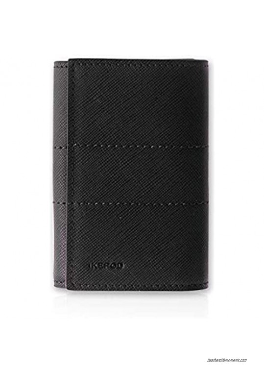 Ikepod Tri-fold Key Wallet/Holder [Full-grain Leather] 6 Hooks & 2 Card Slot (New Black)
