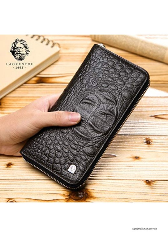 LAORENTOU Men Genuine Leather Long RFID Blocking Wallet Card Holder Clutch Wallets Cellphone Bag Purse Leather Mens Bifold Wallets with Zipper Coin Pocket Casual Men Purse Gift for Father Day